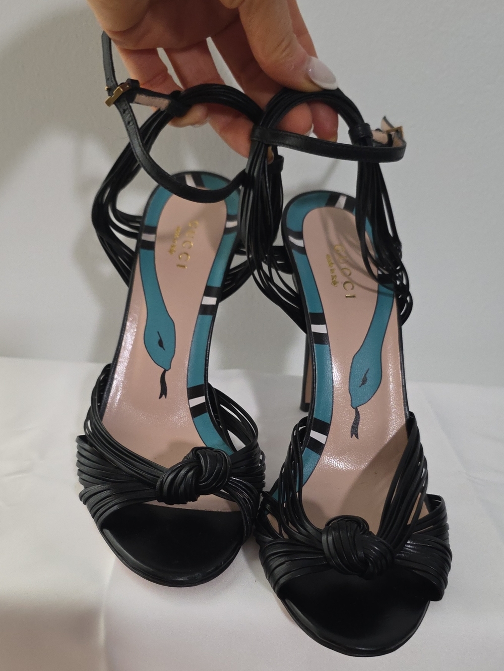 Gucci Black Knotted Leather Strappy Heels with Teal Insole Art